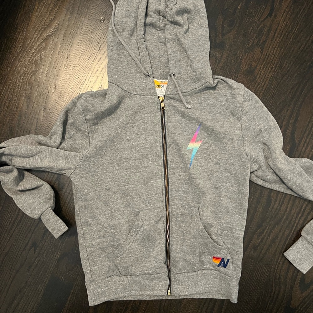 Aviator Nation Gray Hoodie with Rainbow Lightning